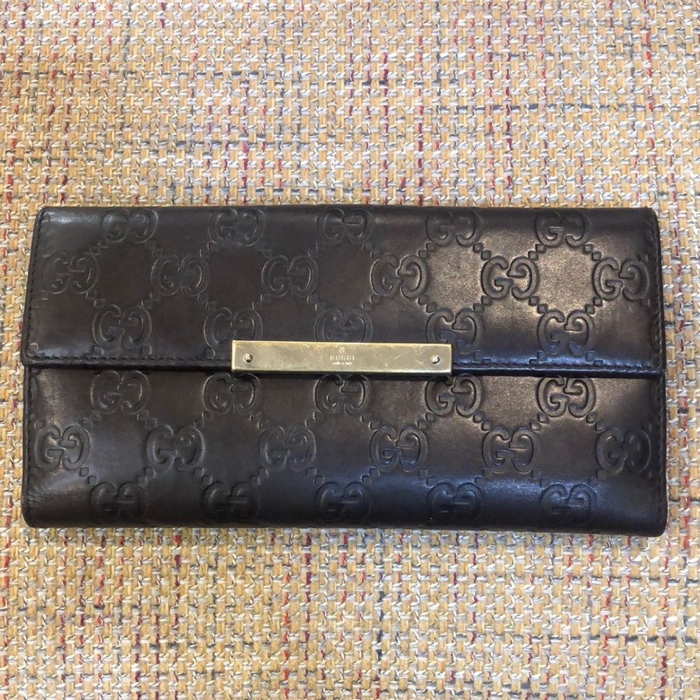 GUCCI Brown Leather GG Guccissima Continental Trifold Wallet w/ Coin Section